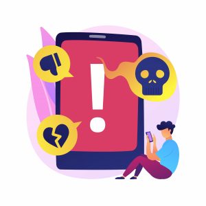 Hater cartoon character writing hate speech on social media.