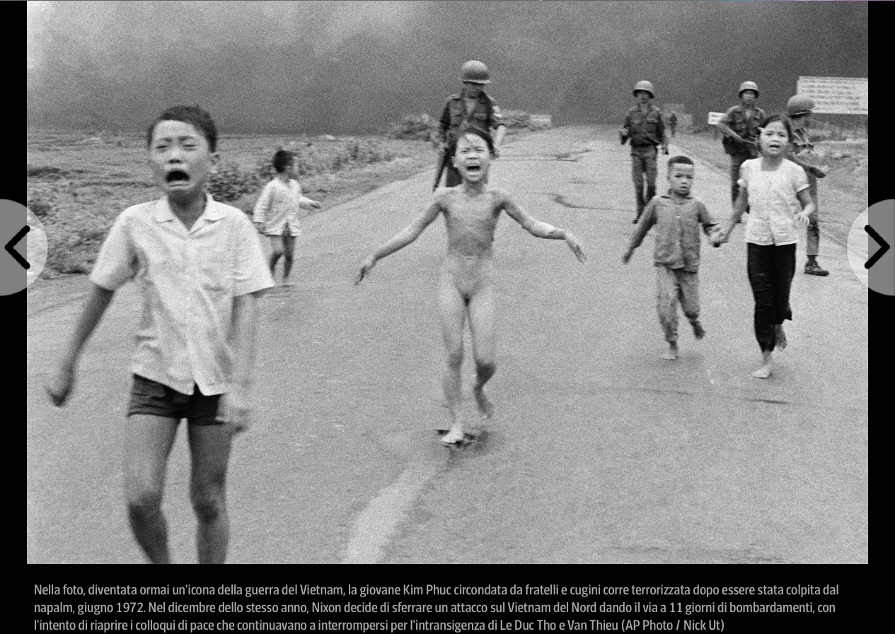 "1972-06 NAPALM GIRL napalm su bambini [Kim Phuc] (Nick Ut) Huynh Cong 'Nick' Ut of Associated Press was taken on June 8, 1972 with his Leica M2 and Leica Summicron 35:2 on a Kodak 400 ISO B&W film" by urcameras is marked with Public Domain Mark 1.0.