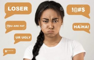 Online Harassment and Cyber Bullying. Collage Of Upset African American Girl and Offensive Chat Messages